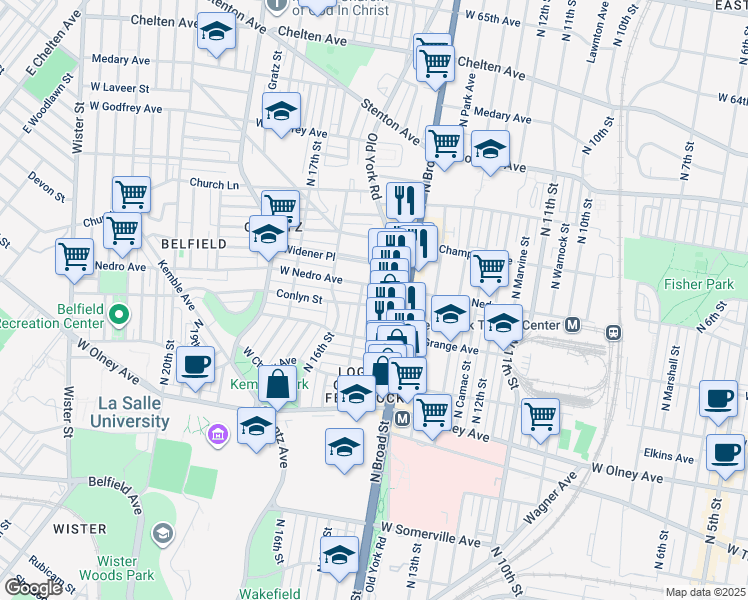 map of restaurants, bars, coffee shops, grocery stores, and more near 1435 Conlyn Street in Philadelphia