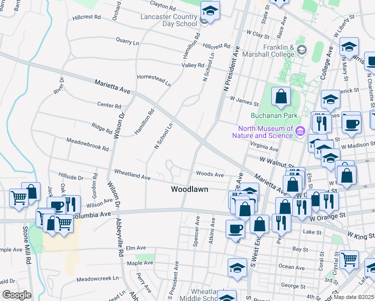 map of restaurants, bars, coffee shops, grocery stores, and more near 230 North President Avenue in Lancaster