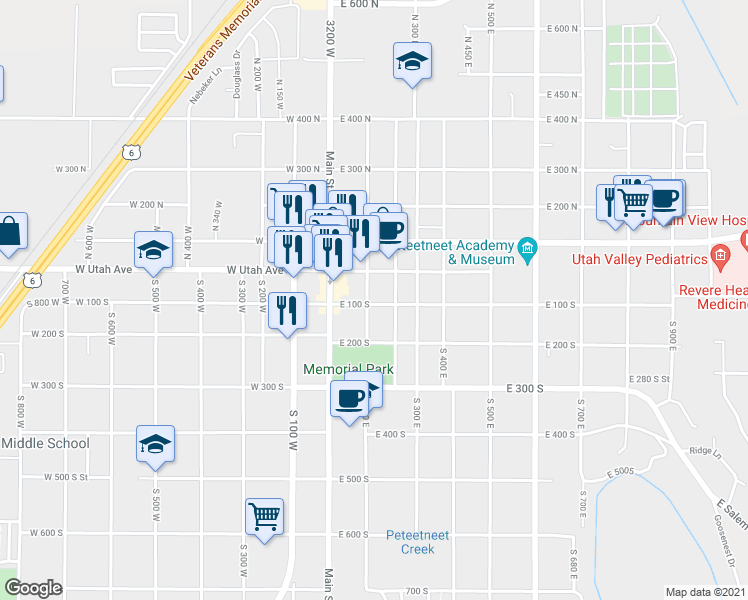 map of restaurants, bars, coffee shops, grocery stores, and more near 95 South 100 East in Payson
