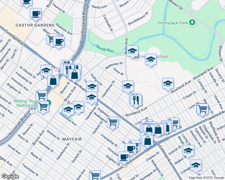 map of restaurants, bars, coffee shops, grocery stores, and more near 3111 Guilford Street in Philadelphia