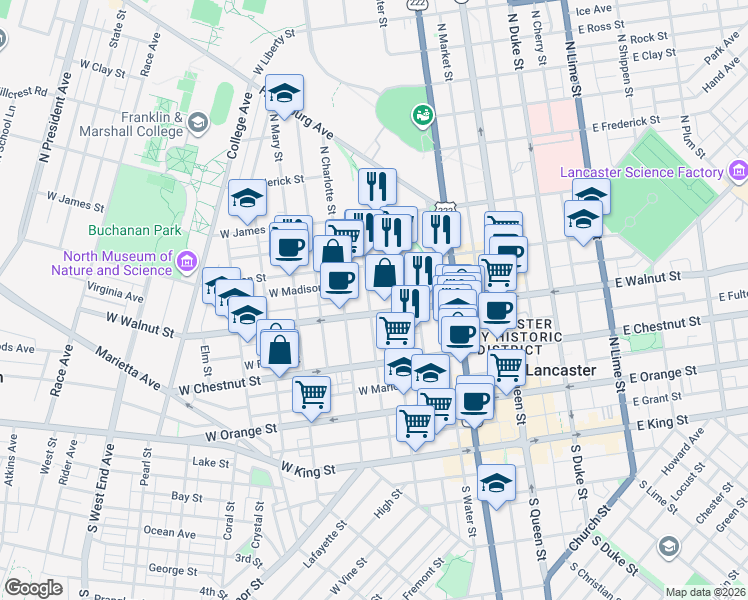 map of restaurants, bars, coffee shops, grocery stores, and more near 312 North Concord Street in Lancaster