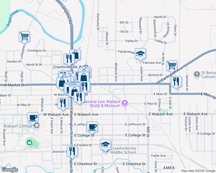 map of restaurants, bars, coffee shops, grocery stores, and more near 407 East Market Street in Crawfordsville