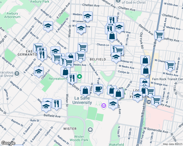map of restaurants, bars, coffee shops, grocery stores, and more near 5772 North 20th Street in Philadelphia