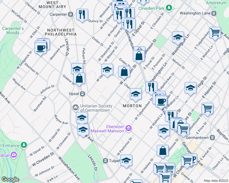 map of restaurants, bars, coffee shops, grocery stores, and more near W Johnson St & McCallum St in Philadelphia