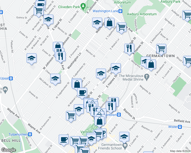 map of restaurants, bars, coffee shops, grocery stores, and more near 134 East Walnut Lane in Philadelphia