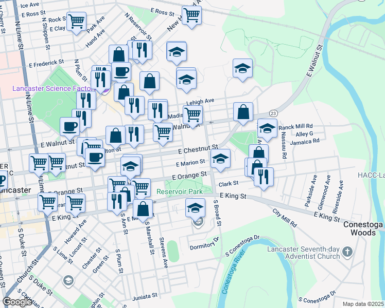 map of restaurants, bars, coffee shops, grocery stores, and more near 818 East Chestnut Street in Lancaster