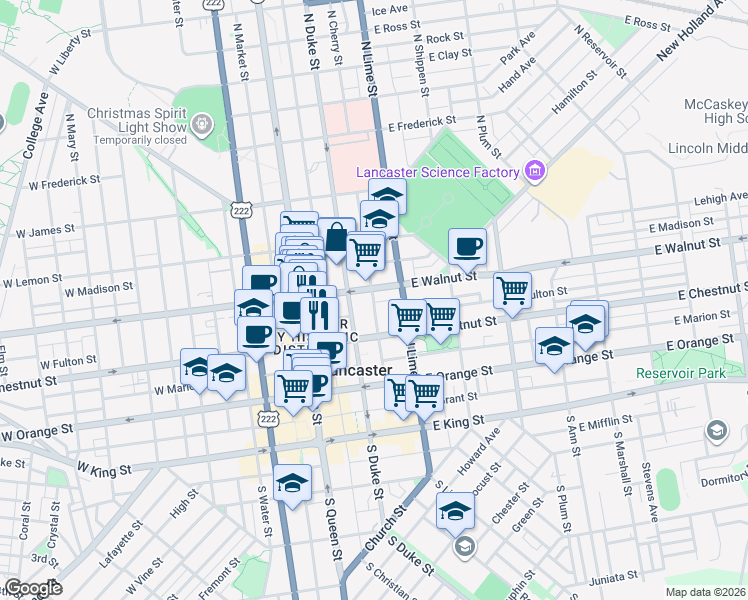 map of restaurants, bars, coffee shops, grocery stores, and more near 237 North Cherry Street in Lancaster