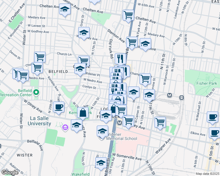 map of restaurants, bars, coffee shops, grocery stores, and more near 1441 Conlyn Street in Philadelphia
