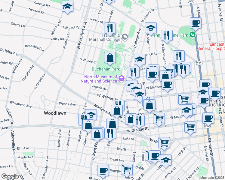 map of restaurants, bars, coffee shops, grocery stores, and more near 335 North West End Avenue in Lancaster