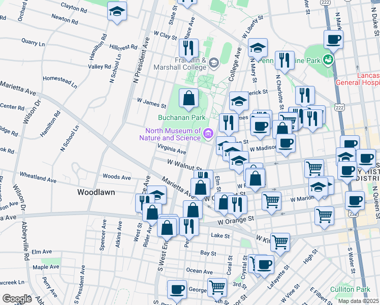 map of restaurants, bars, coffee shops, grocery stores, and more near 335 North West End Avenue in Lancaster