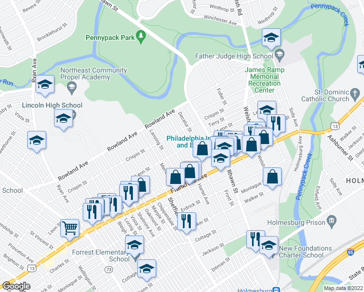 map of restaurants, bars, coffee shops, grocery stores, and more near 3436 Ashville Street in Philadelphia