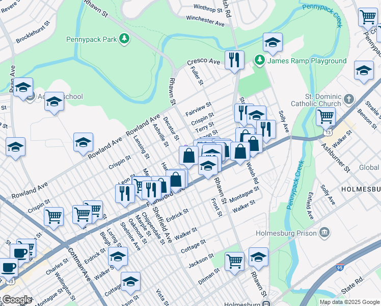 map of restaurants, bars, coffee shops, grocery stores, and more near 3519 Decatur Street in Philadelphia