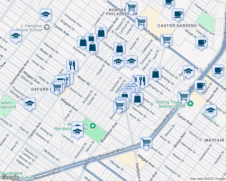 map of restaurants, bars, coffee shops, grocery stores, and more near 6837 Sylvester Street in Philadelphia