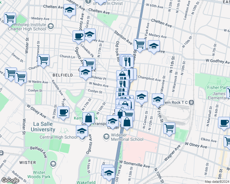 map of restaurants, bars, coffee shops, grocery stores, and more near 1451 Conlyn Street in Philadelphia