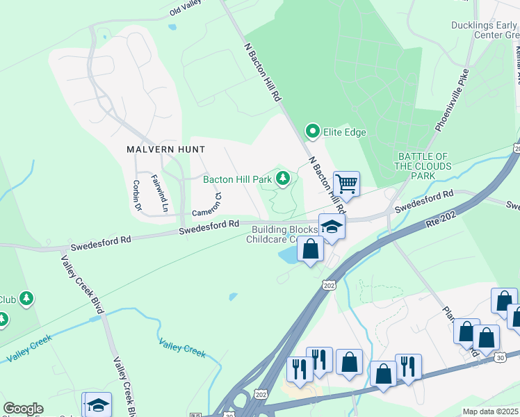 map of restaurants, bars, coffee shops, grocery stores, and more near 305 Piper Lane in Exton