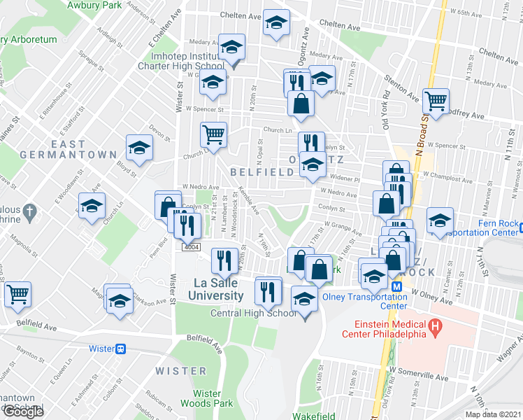 map of restaurants, bars, coffee shops, grocery stores, and more near 5789 Kemble Avenue in Philadelphia