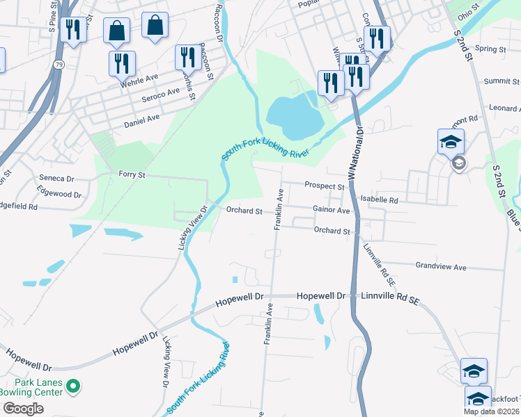 map of restaurants, bars, coffee shops, grocery stores, and more near 75 Franklin Avenue in Newark