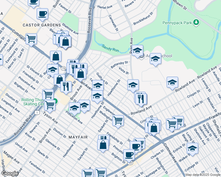 map of restaurants, bars, coffee shops, grocery stores, and more near 3034 Guilford Street in Philadelphia