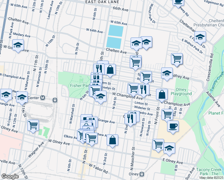 map of restaurants, bars, coffee shops, grocery stores, and more near 318 Roselyn Street in Philadelphia