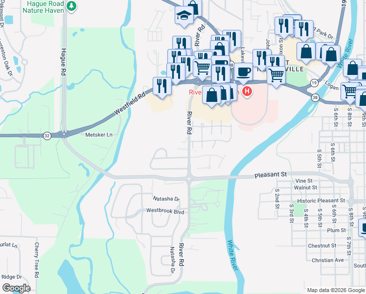 map of restaurants, bars, coffee shops, grocery stores, and more near 17485 River Road in Noblesville