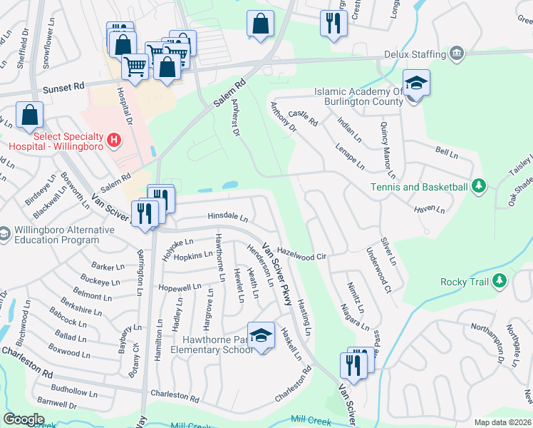map of restaurants, bars, coffee shops, grocery stores, and more near 122 Hillcrest Lane in Willingboro
