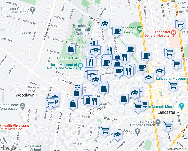 map of restaurants, bars, coffee shops, grocery stores, and more near 335 Nevin Street in Lancaster