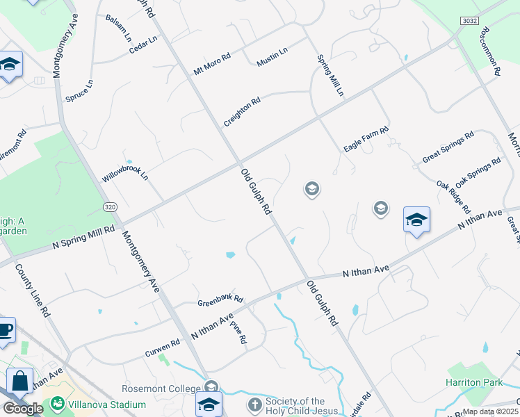 map of restaurants, bars, coffee shops, grocery stores, and more near 1416 Old Gulph Road in Villanova