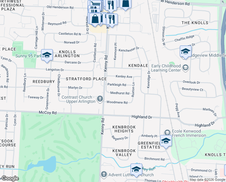 map of restaurants, bars, coffee shops, grocery stores, and more near 1100 Medhurst Road in Columbus