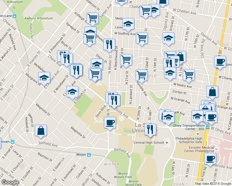 map of restaurants, bars, coffee shops, grocery stores, and more near 2150 Conlyn Street in Philadelphia