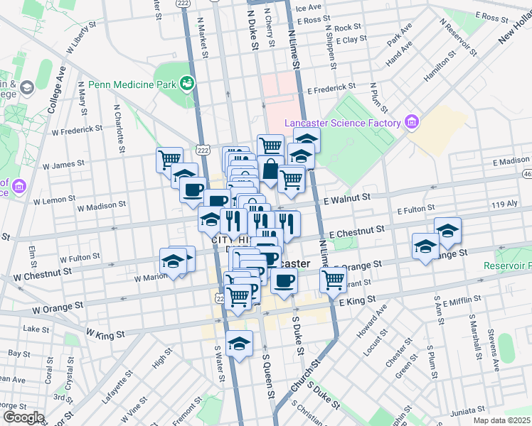 map of restaurants, bars, coffee shops, grocery stores, and more near 32 East Walnut Street in Lancaster