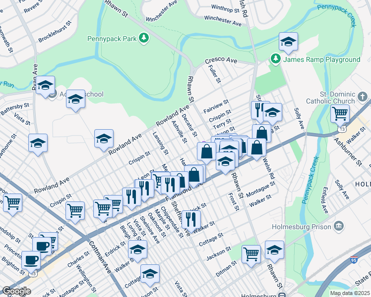 map of restaurants, bars, coffee shops, grocery stores, and more near 3507 Ashville Street in Philadelphia