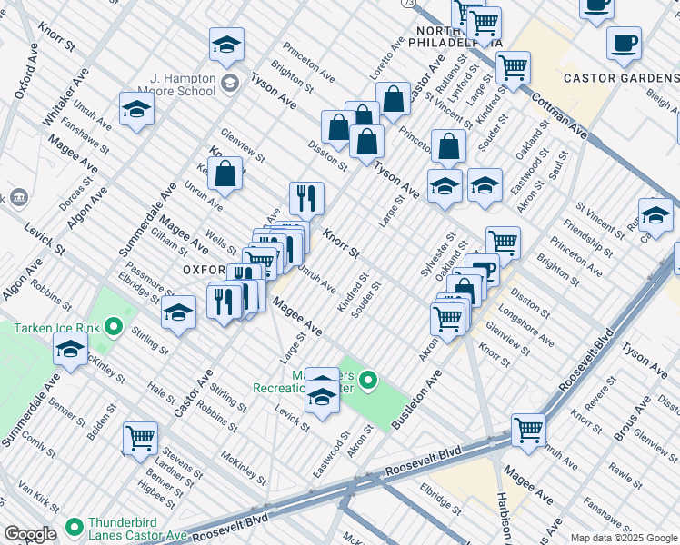 map of restaurants, bars, coffee shops, grocery stores, and more near 6712 Large Street in Philadelphia