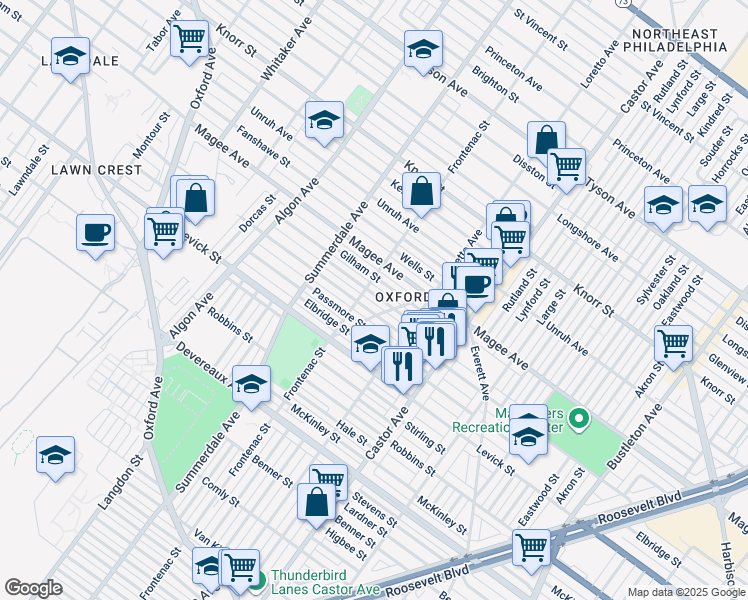 map of restaurants, bars, coffee shops, grocery stores, and more near 1312 Greeby Street in Philadelphia