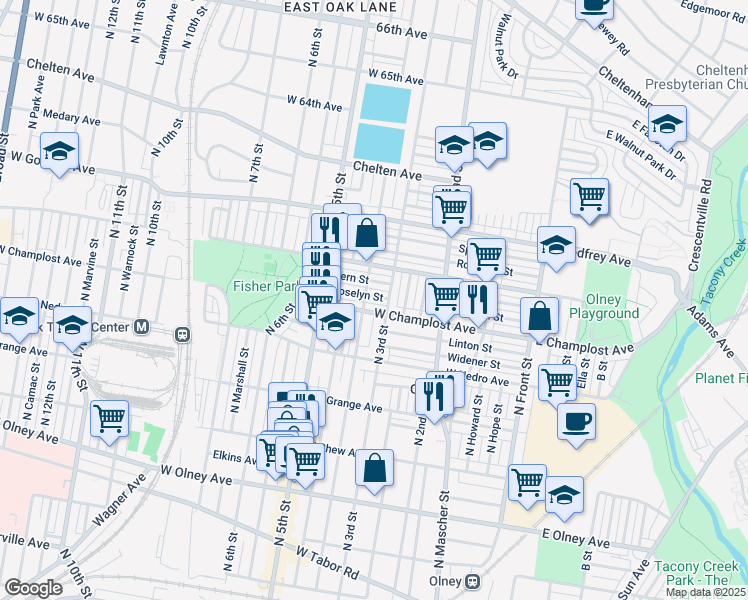 map of restaurants, bars, coffee shops, grocery stores, and more near 318 Roselyn Street in Philadelphia