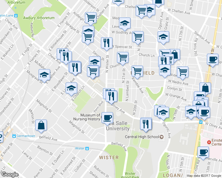 map of restaurants, bars, coffee shops, grocery stores, and more near 2162 Conlyn Street in Philadelphia