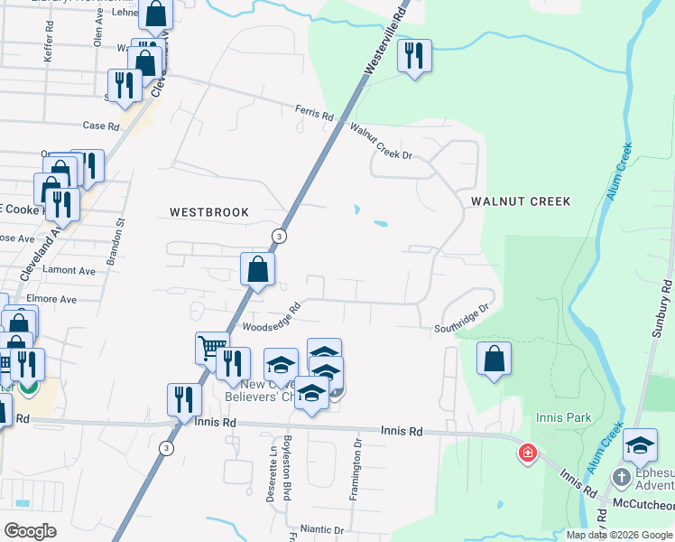 map of restaurants, bars, coffee shops, grocery stores, and more near 2586 Staci Lane in Columbus