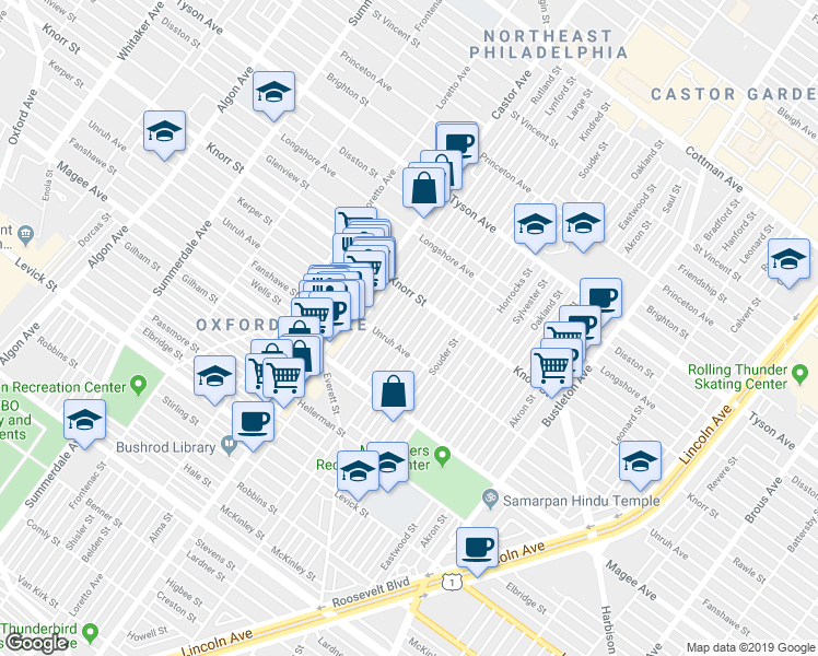 map of restaurants, bars, coffee shops, grocery stores, and more near 6712 Large Street in Philadelphia