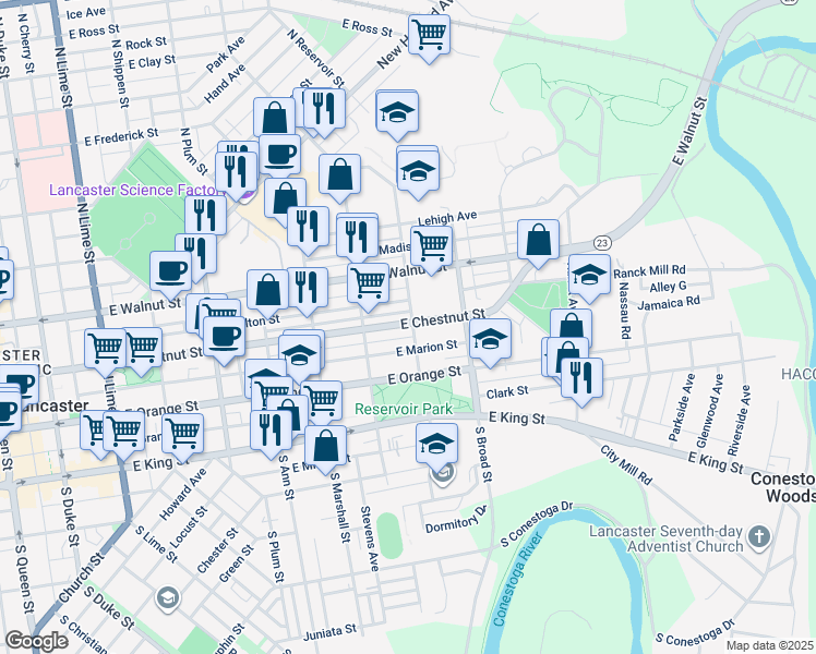 map of restaurants, bars, coffee shops, grocery stores, and more near 748 East Chestnut Street in Lancaster