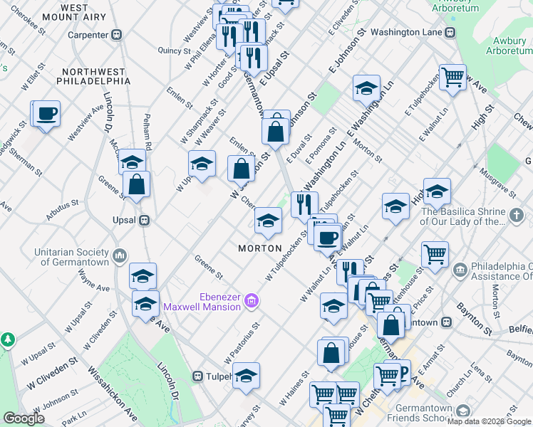 map of restaurants, bars, coffee shops, grocery stores, and more near 58 West Pomona Street in Philadelphia
