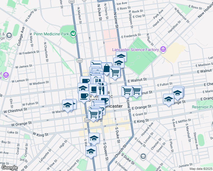 map of restaurants, bars, coffee shops, grocery stores, and more near 38 East Walnut Street in Lancaster