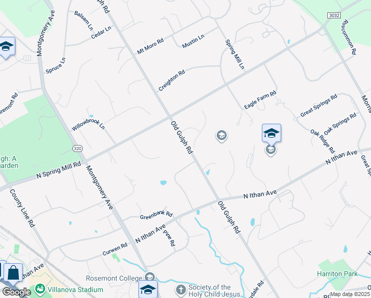 map of restaurants, bars, coffee shops, grocery stores, and more near 1416 Old Gulph Road in Villanova