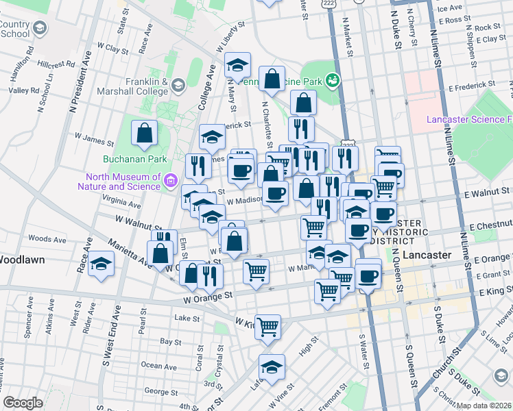 map of restaurants, bars, coffee shops, grocery stores, and more near 319 North Mary Street in Lancaster