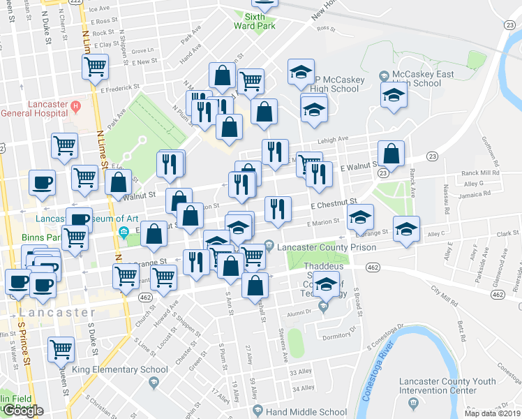 map of restaurants, bars, coffee shops, grocery stores, and more near 619 East Chestnut Street in Lancaster