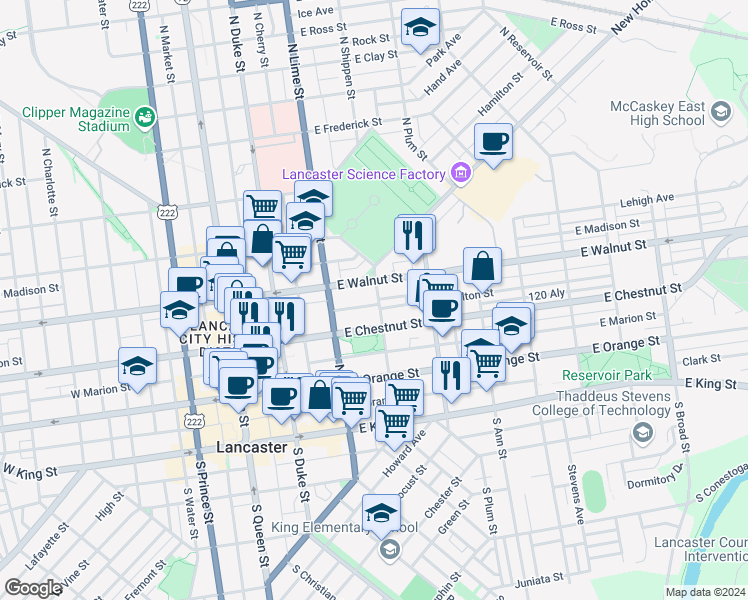 map of restaurants, bars, coffee shops, grocery stores, and more near 230 North Shippen Street in Lancaster
