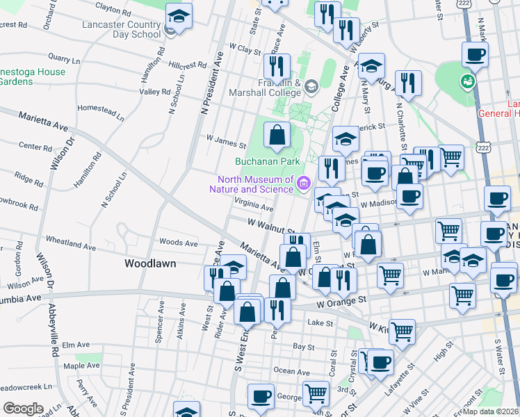 map of restaurants, bars, coffee shops, grocery stores, and more near 916 Virginia Avenue in Lancaster