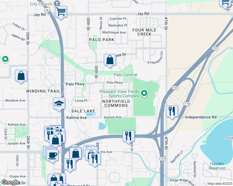 map of restaurants, bars, coffee shops, grocery stores, and more near 3249 Big Horn Street in Boulder