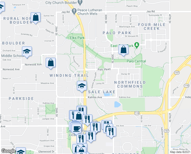 map of restaurants, bars, coffee shops, grocery stores, and more near 2856 Maya Place in Boulder