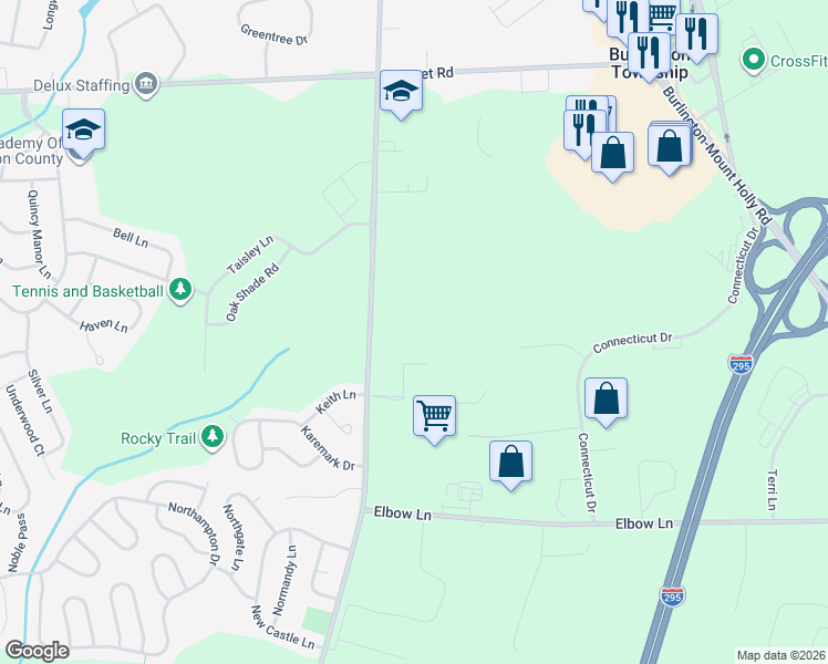 map of restaurants, bars, coffee shops, grocery stores, and more near 2305 Rancocas Road in Burlington
