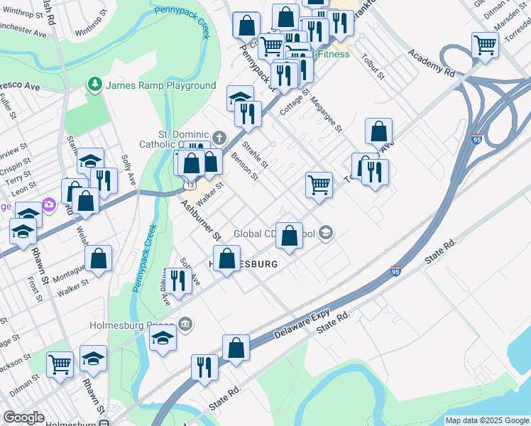 map of restaurants, bars, coffee shops, grocery stores, and more near 8510 Marsden Street in Philadelphia