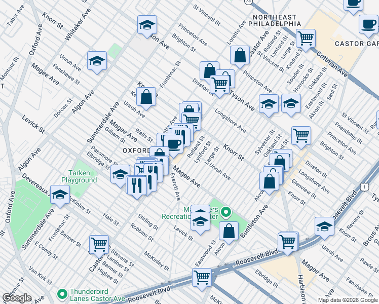 map of restaurants, bars, coffee shops, grocery stores, and more near 6650 Rutland Street in Philadelphia